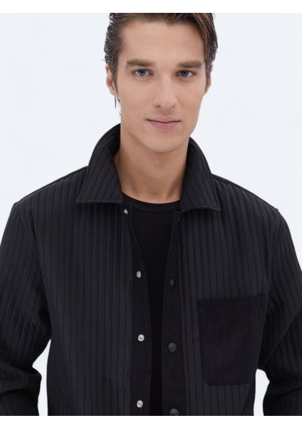 Siyah Düz Regular Fit Dokuma Overshırt
