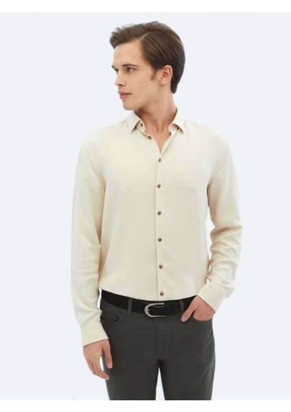 Ekru Fitilli Regular Fit Dokuma Casual Gömlek