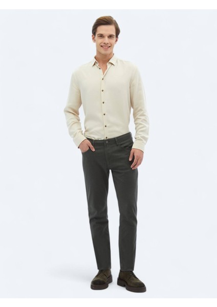 Ekru Fitilli Regular Fit Dokuma Casual Gömlek