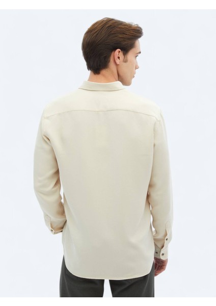 Ekru Fitilli Regular Fit Dokuma Casual Gömlek