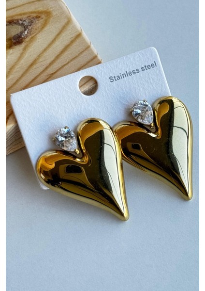 Premium Seri Amora Shine Bombeli Kalp Tasarım Damla Zirkon Taş Detaylı Kadın Çelik Küpe Altın