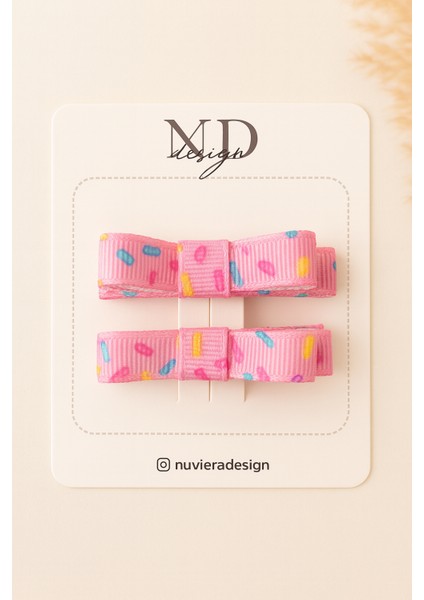 Renkli Konfeti Desenli Pembe Fiyonk Saç Tokası Klipsli - 2'li Set