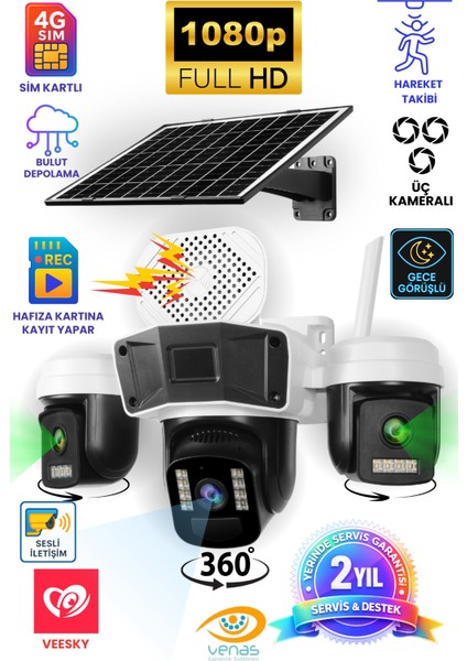 Sim Kartlı 3 Kameralı Gece Görüşlü Solar Güvenlik Kamerası