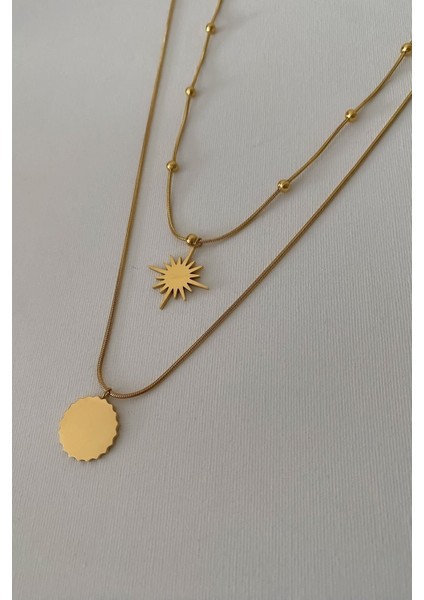 Premium Seri Kuzey Yıldızı Güneş Figürlü Italyan Toplu Zincir Detaylı 45 cm Kadın Çelik Kolye Altın modelleri