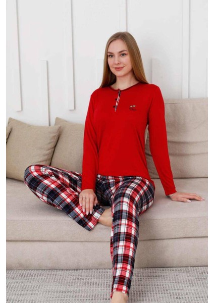 Kareli Kadın Pijama Takımı - 3 Düğme Uzun Kol Likralı Viskon 2848UY fiyatları