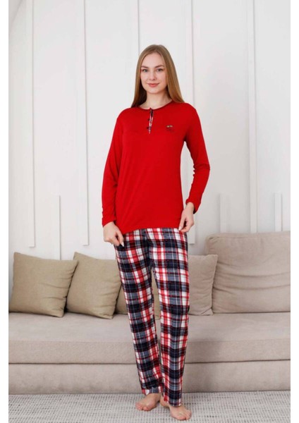 Kareli Kadın Pijama Takımı - 3 Düğme Uzun Kol Likralı Viskon 2848UY fırsatları