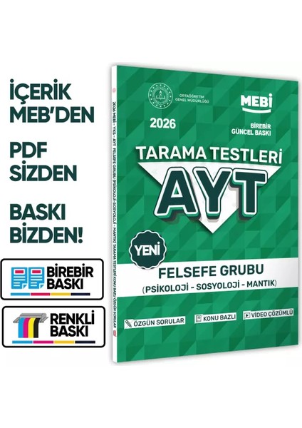2026 Yks-Ayt Mebi-Ogm Felsefe Grubu Özgün Tarama Testleri Kitabı A4 Boyut Renkli Görsel Baskı Ücreti
