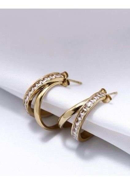 Premium Seri Dual Grace Tasarım Ikili Görünüm Baget Zirkon Taş Detaylı Kadın Çelik Küpe Altın