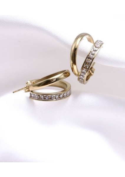 Premium Seri Dual Grace Tasarım Ikili Görünüm Baget Zirkon Taş Detaylı Kadın Çelik Küpe Altın fiyatları