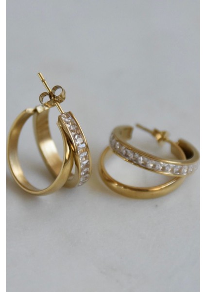 Premium Seri Dual Grace Tasarım Ikili Görünüm Baget Zirkon Taş Detaylı Kadın Çelik Küpe Altın modelleri