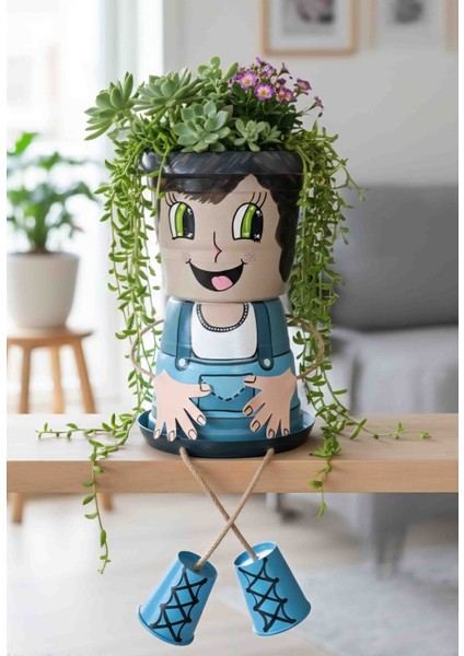 El Boyaması Dekoratif Saksı Çocuk - Neşeli Mavi