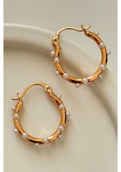 Özel Seri Pearl Hoop Glow Halka Tasarım Kadın Çelik Küpe Altın