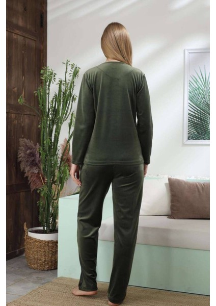 Kadife Kadın Pijama Takımı - Ithal Kadife Yeşil Nakışlı Cepli 2598UK indirimleri