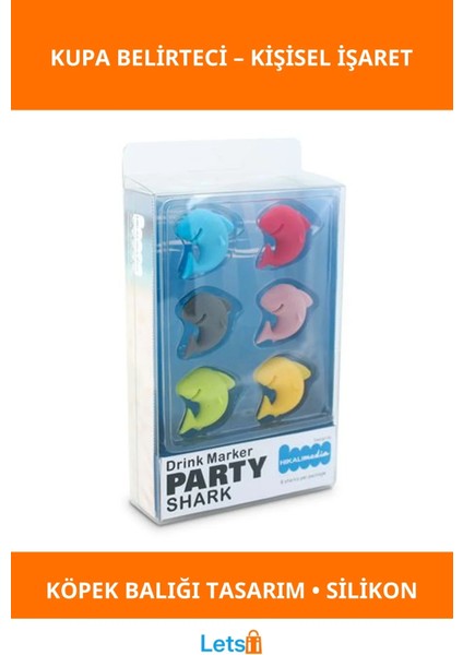 Eğlenceli Silikon Köpek Balığı Kupa Belirteci 6'lı Set