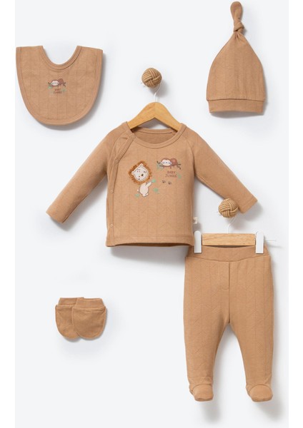 %100 Organik Pamuk Kumaş Baby Jungle Nakışlı 5 Parça Yenidoğan Hastane Çıkış Seti