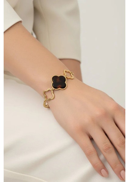 Premium Seri Marka Model Büyük Leoparlı Yonca Tasarım Kadın Çelik Bileklik Altın