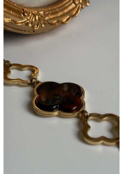 Premium Seri Marka Model Büyük Leoparlı Yonca Tasarım Kadın Çelik Bileklik Altın modelleri