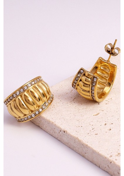 Premium Seri Ribbed Bombe Tasarım Kadın Çelik Küpe Altın modelleri