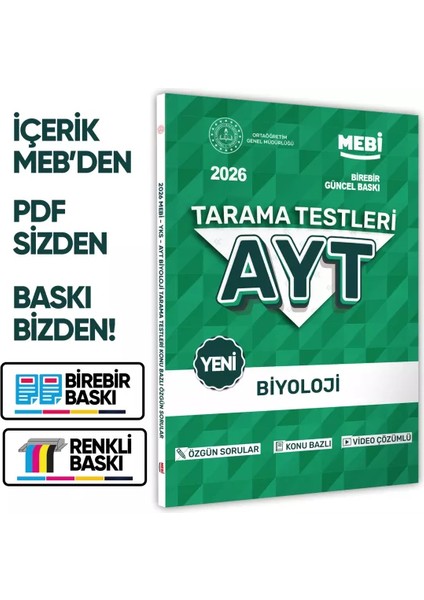 2026 Yks-Ayt Mebi-Ogm Biyoloji Özgün Tarama Testleri Kitabı A4 Boyut Renkli Görsel Baskı Ücreti