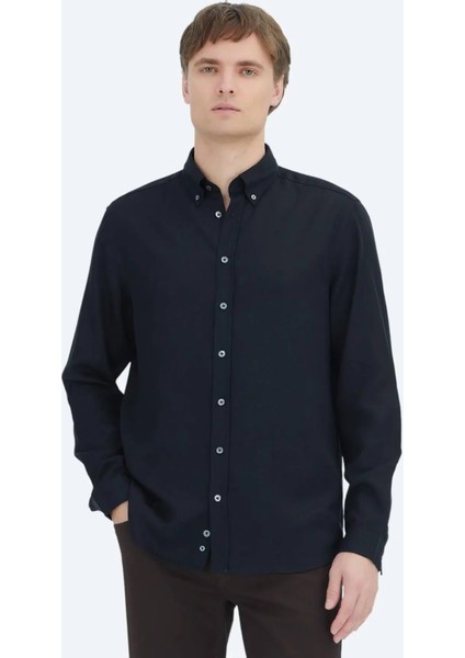 Siyah Düz Dokuma Casual Gömlek