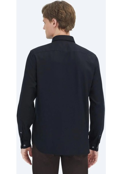 Siyah Düz Dokuma Casual Gömlek