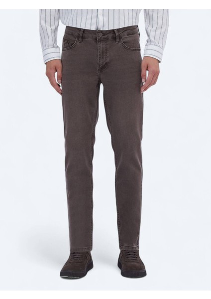 Kahverengi Düz Slim Fit Denim Pamuk Karışımlı Pantolon