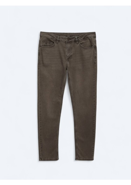 Kahverengi Düz Slim Fit Denim Pamuk Karışımlı Pantolon