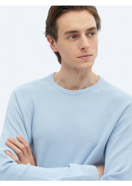 Mavi Bisiklet Yaka Desenli Triko Kazak