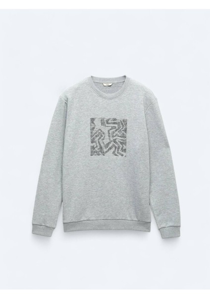 Antrasit Bisiklet Yaka Baskılı Sweatshırt