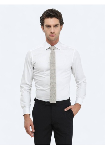 Beyaz Düz Slim Fit Dokuma Klasik %100 Pamuk Gömlek