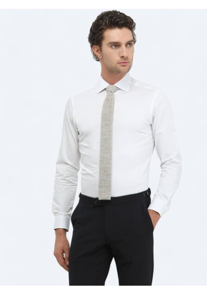 Beyaz Düz Slim Fit Dokuma Klasik %100 Pamuk Gömlek
