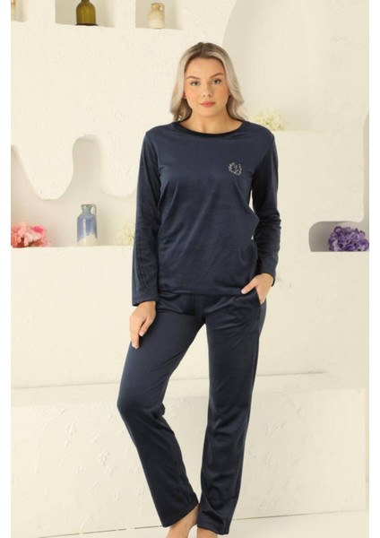 Kadife Kadın Pijama Takımı - Ithal Kadife Lacivert Nakışlı Cepli 2598UK