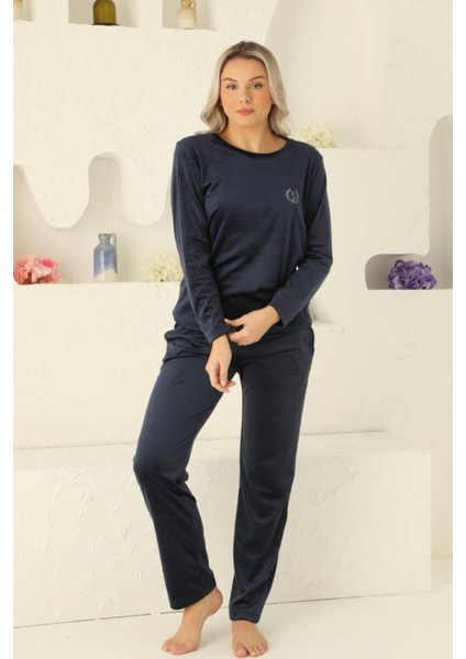Kadife Kadın Pijama Takımı - Ithal Kadife Lacivert Nakışlı Cepli 2598UK modelleri