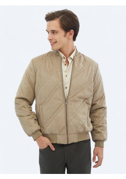 Bej Regular Fit Dik Yaka Casual Dokuma Mont