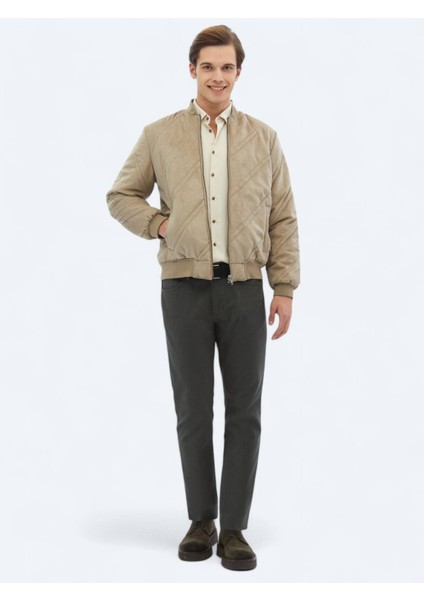 Bej Regular Fit Dik Yaka Casual Dokuma Mont