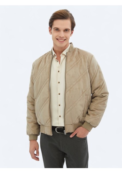 Bej Regular Fit Dik Yaka Casual Dokuma Mont