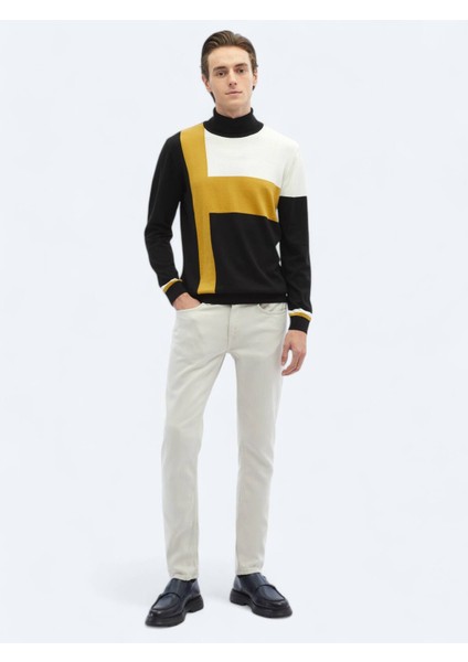 Siyah Tam Balıkçı Yaka Desenli Pamuk Karışımlı Triko Kazak