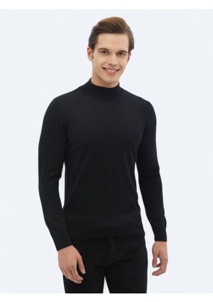 Siyah Yarım Balıkçı Yaka Düz Örgü Yün Karışımlı Triko Kazak