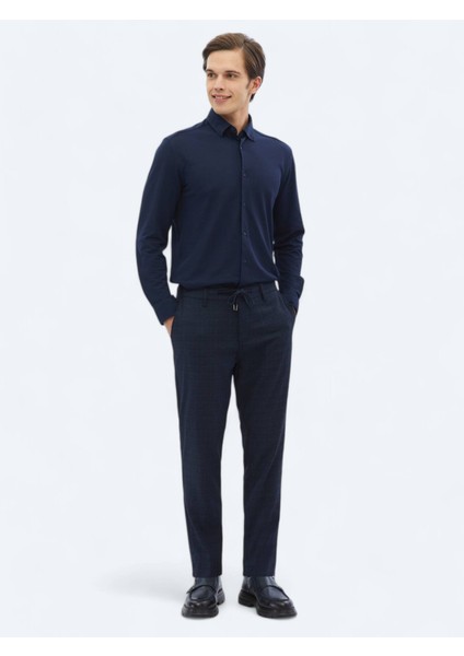 Lacivert Desenli Dokuma Jogging Fit Casual Pantolon