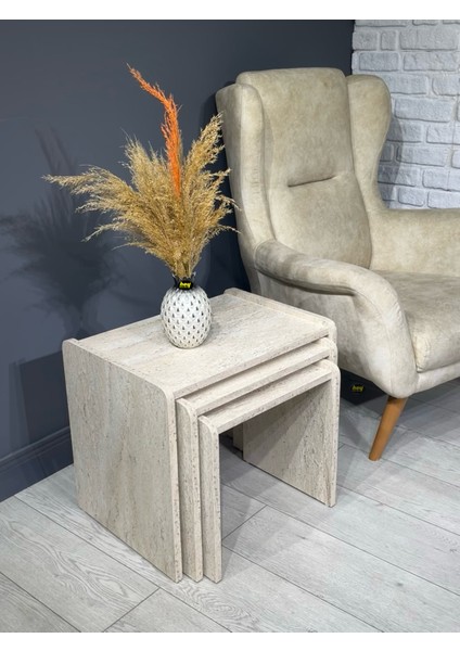 Lara Zigon Sehpa 3'lü Zigon Sehpa Yan Sehpa Traverten