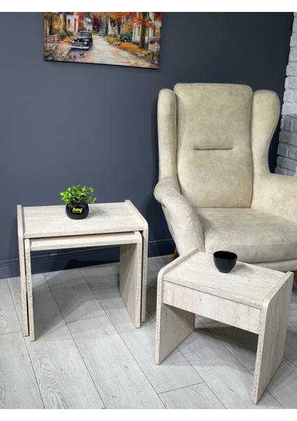 Lara Zigon Sehpa 3'lü Zigon Sehpa Yan Sehpa Traverten modelleri