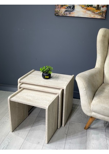 Lara Zigon Sehpa 3'lü Zigon Sehpa Yan Sehpa Traverten