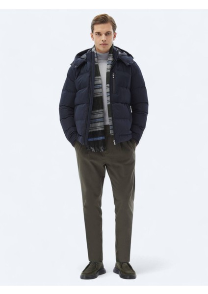 Lacivert Regular Fit Kapüşonlu Casual Dokuma Mont