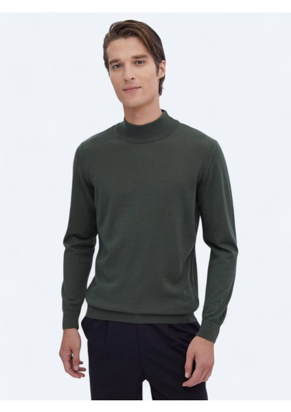 Yeşil Yarım Balıkçı Yaka Düz Örgü Yün Karışımlı Triko Kazak