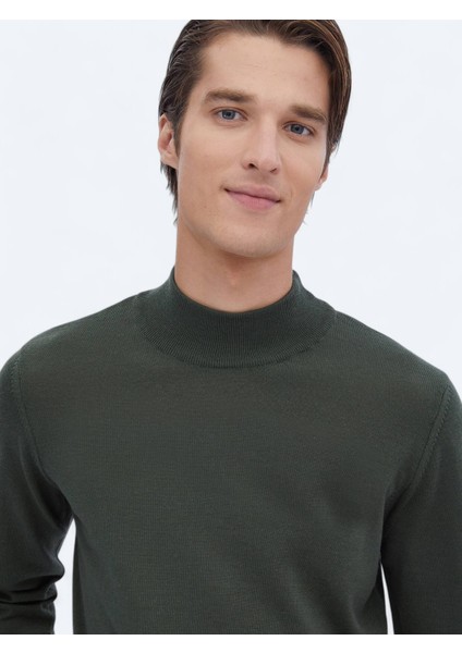 Yeşil Yarım Balıkçı Yaka Düz Örgü Yün Karışımlı Triko Kazak
