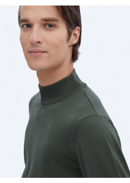 Yeşil Yarım Balıkçı Yaka Düz Örgü Yün Karışımlı Triko Kazak