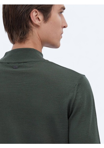 Yeşil Yarım Balıkçı Yaka Düz Örgü Yün Karışımlı Triko Kazak