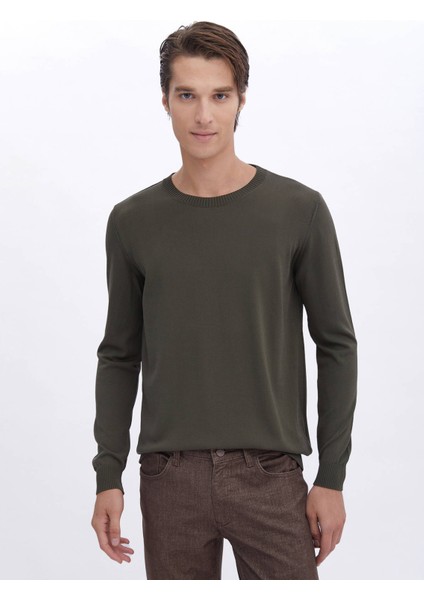 Haki Bisiklet Yaka Düz Örgü Triko Kazak
