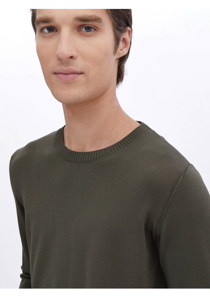 Haki Bisiklet Yaka Düz Örgü Triko Kazak
