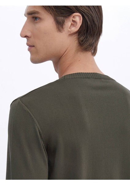 Haki Bisiklet Yaka Düz Örgü Triko Kazak